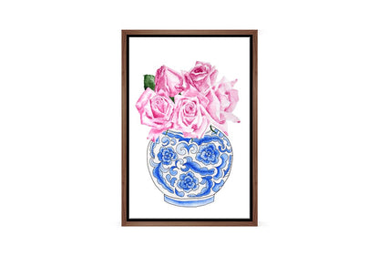 Blue White Vase Pink Flowers 2 | Hamptons Canvas Wall Art Print