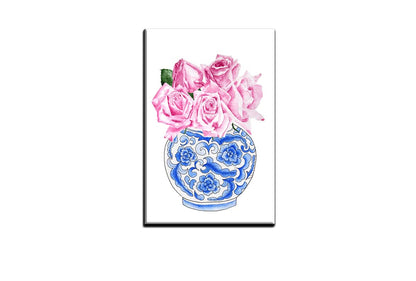 Blue White Vase Pink Flowers 2 | Hamptons Canvas Wall Art Print