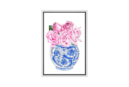 Blue White Vase Pink Flowers 2 | Hamptons Canvas Wall Art Print