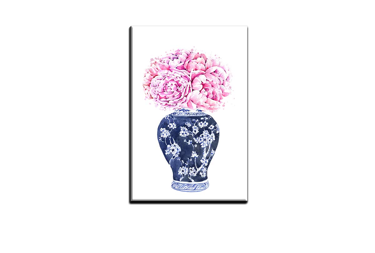 Chinoiserie Vase Pink Flowers | Hamptons Canvas Wall Art Print