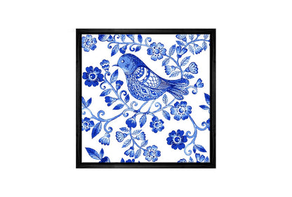 Blue White Flower Bird Pattern | Hamptons Canvas Wall Art Print