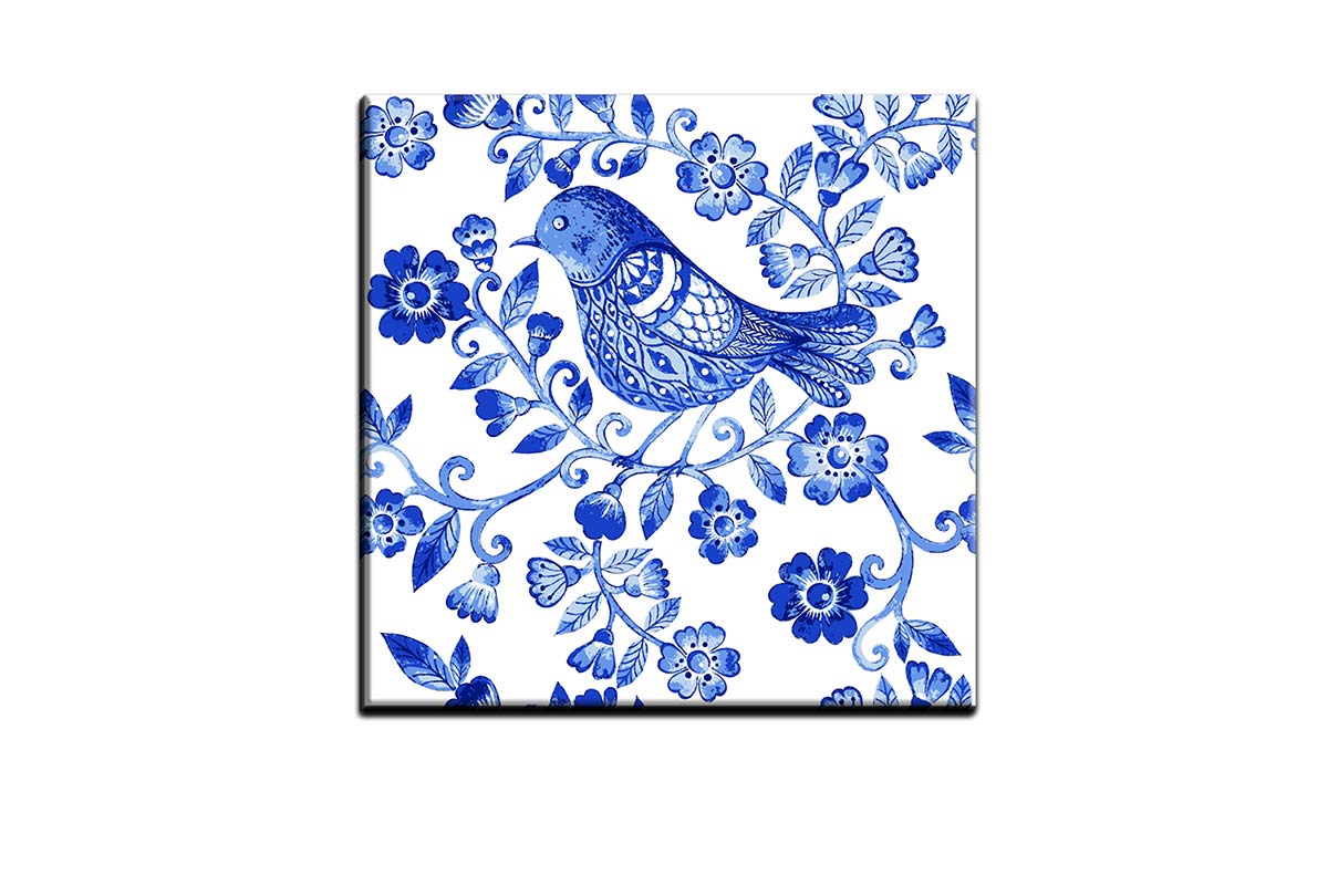 Blue White Flower Bird Pattern | Hamptons Canvas Wall Art Print