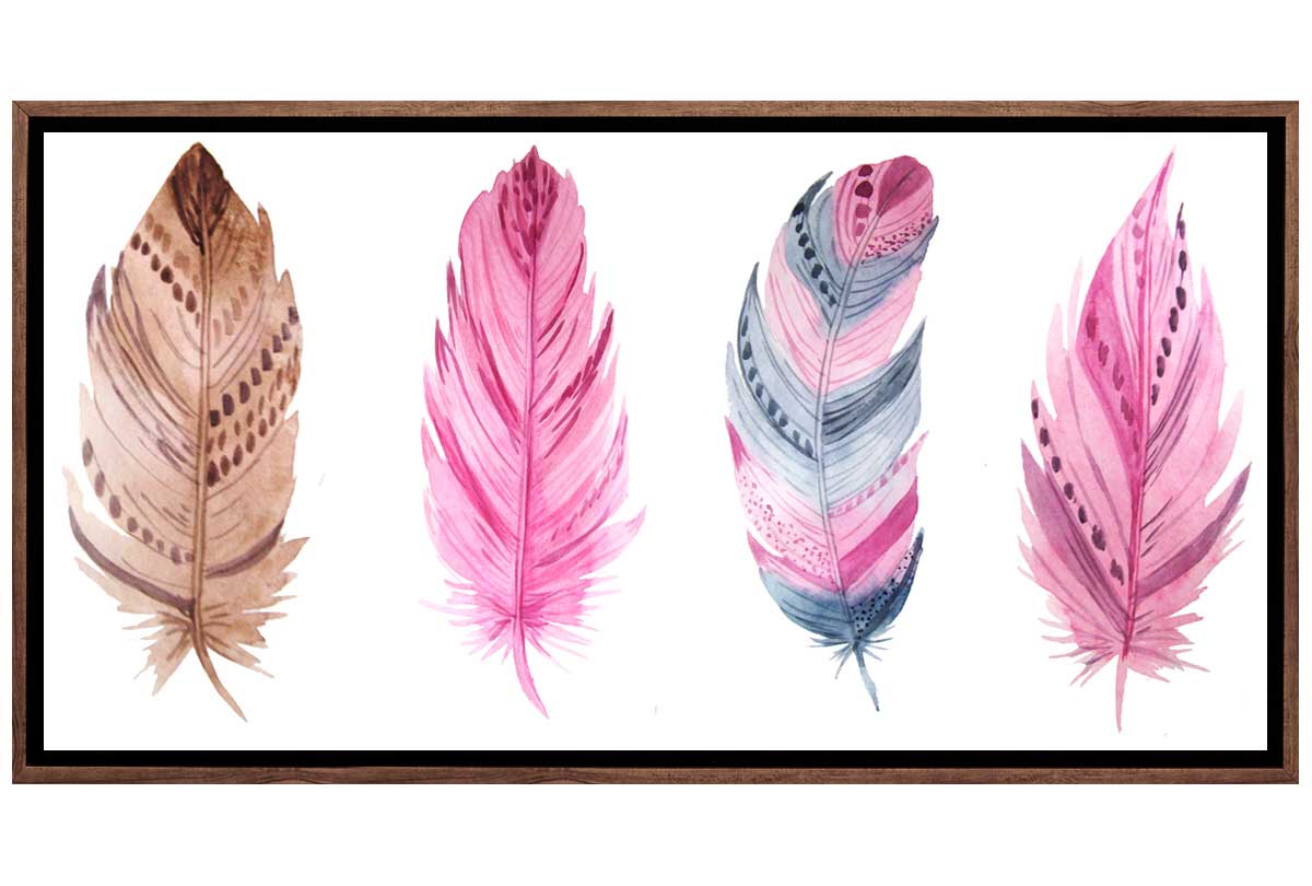 Pink, Brown & Grey Watercolour Feathers | Canvas Wall Art Print