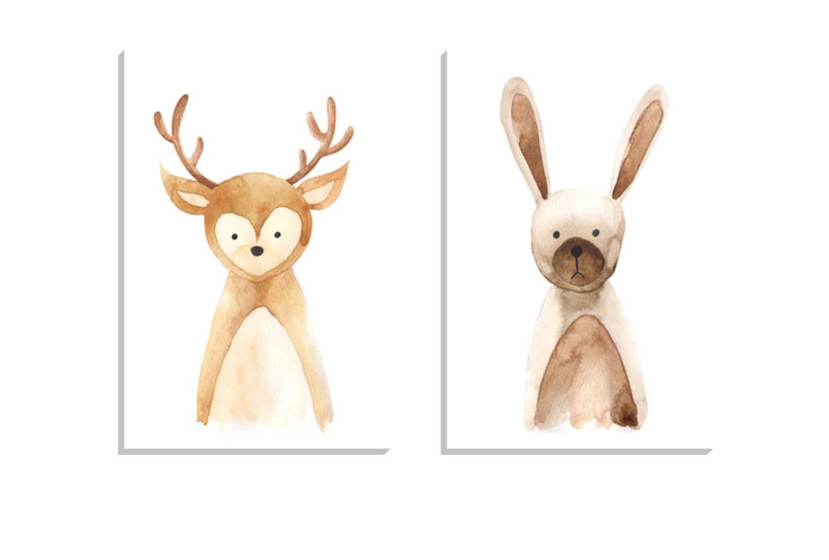 Deer & Bunny | Kids Woodland Animal Print Set | Canvas Wall Art Decor