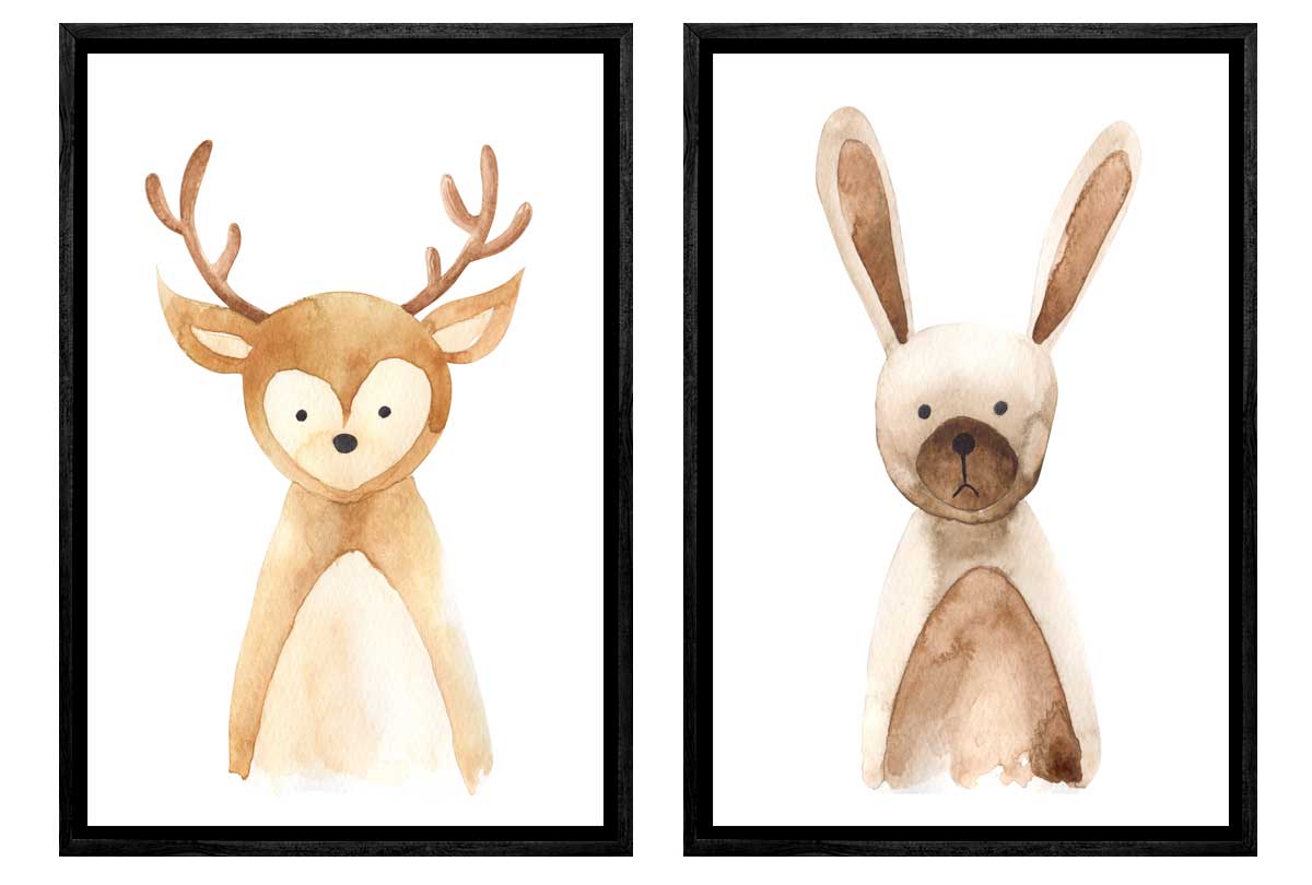 Deer & Bunny | Kids Woodland Animal Print Set | Canvas Wall Art Decor