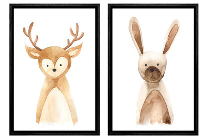 Deer & Bunny | Kids Woodland Animal Print Set | Canvas Wall Art Decor