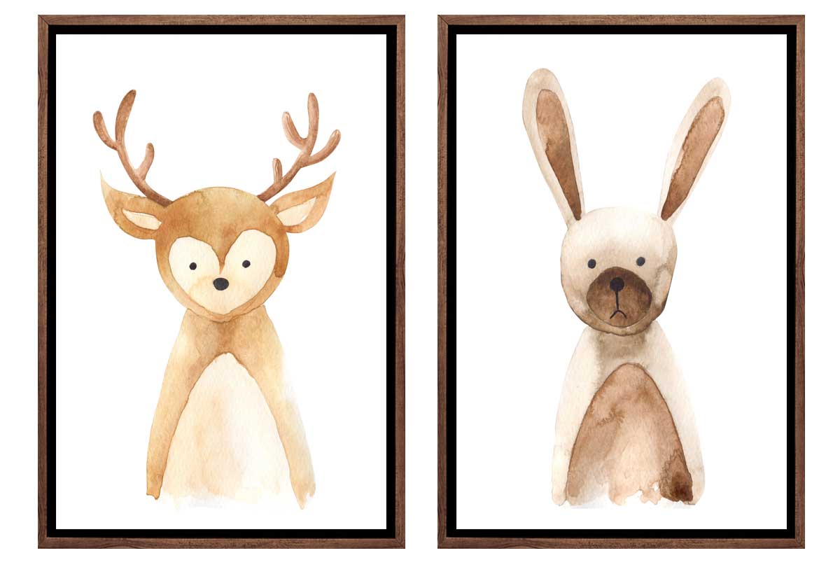 Deer & Bunny | Kids Woodland Animal Print Set | Canvas Wall Art Decor