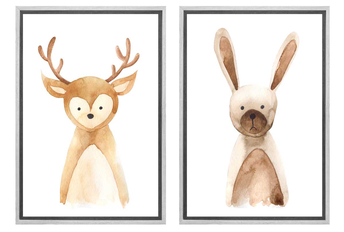 Deer & Bunny | Kids Woodland Animal Print Set | Canvas Wall Art Decor
