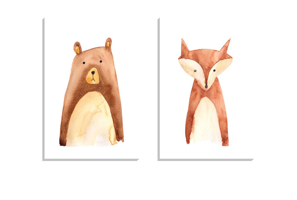 Bear & Fox | Kids Woodland Animal Print Set | Canvas Wall Art Decor