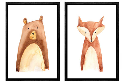 Bear & Fox | Kids Woodland Animal Print Set | Canvas Wall Art Decor