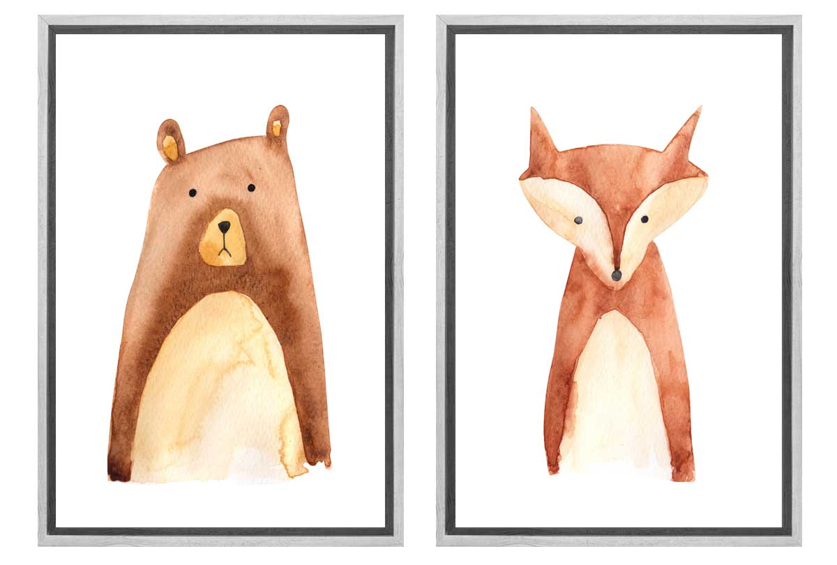 Bear & Fox | Kids Woodland Animal Print Set | Canvas Wall Art Decor