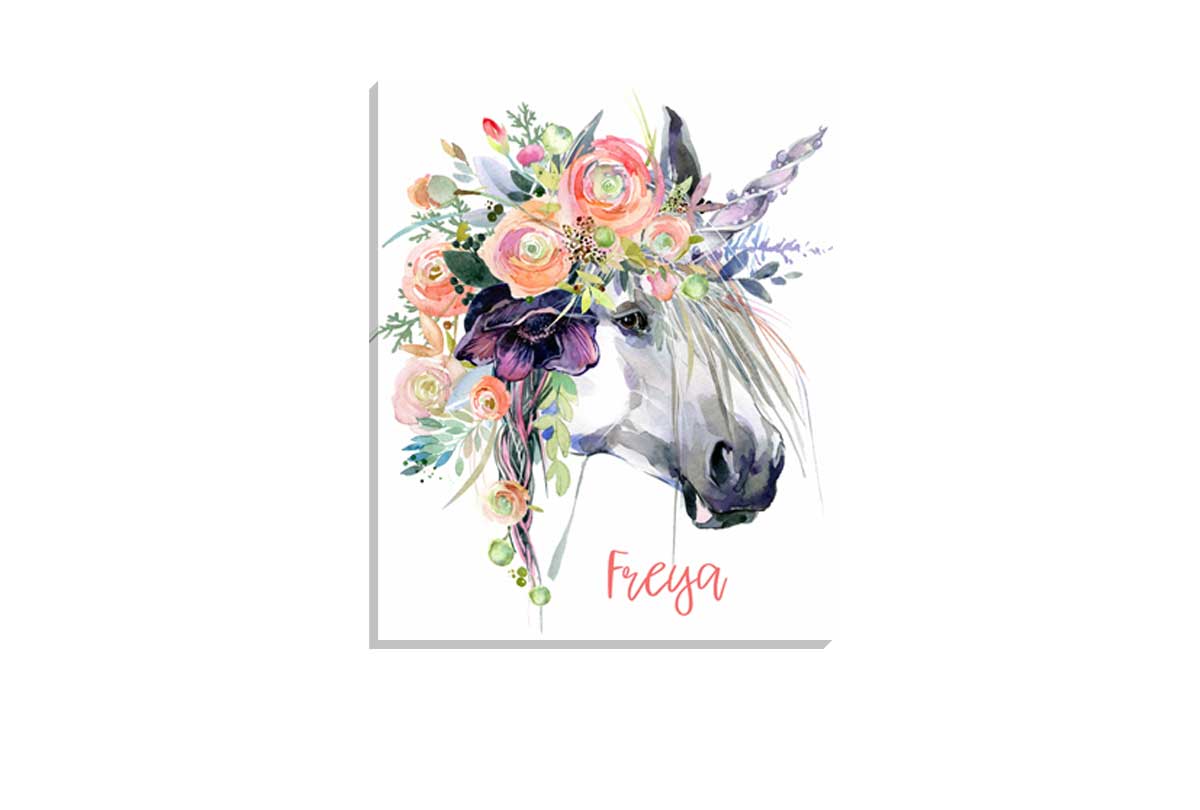 Unicorn with Flowers | Girls Personalised Wall Art Print