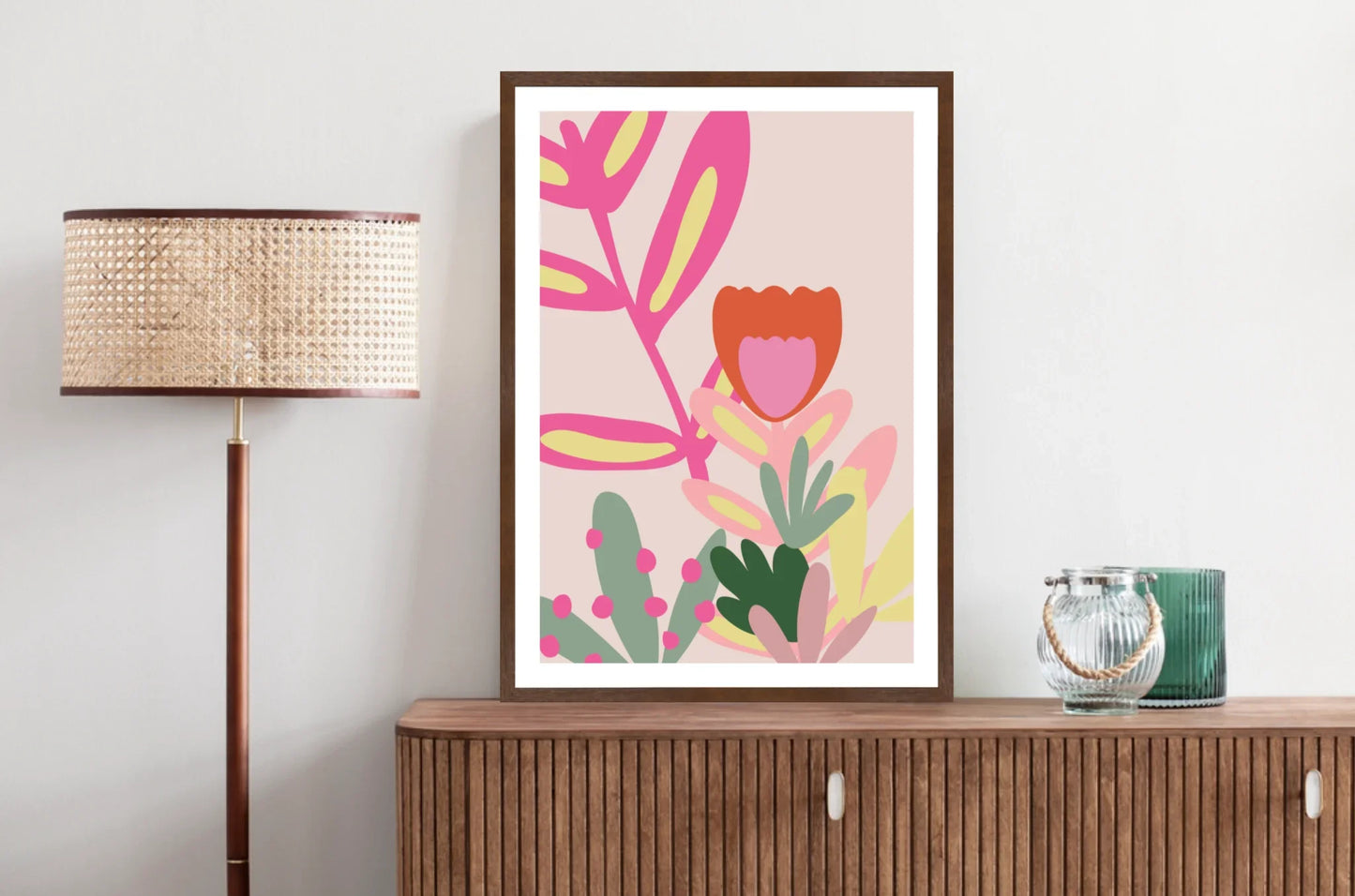 Framed abstract artwork with colourful flowers