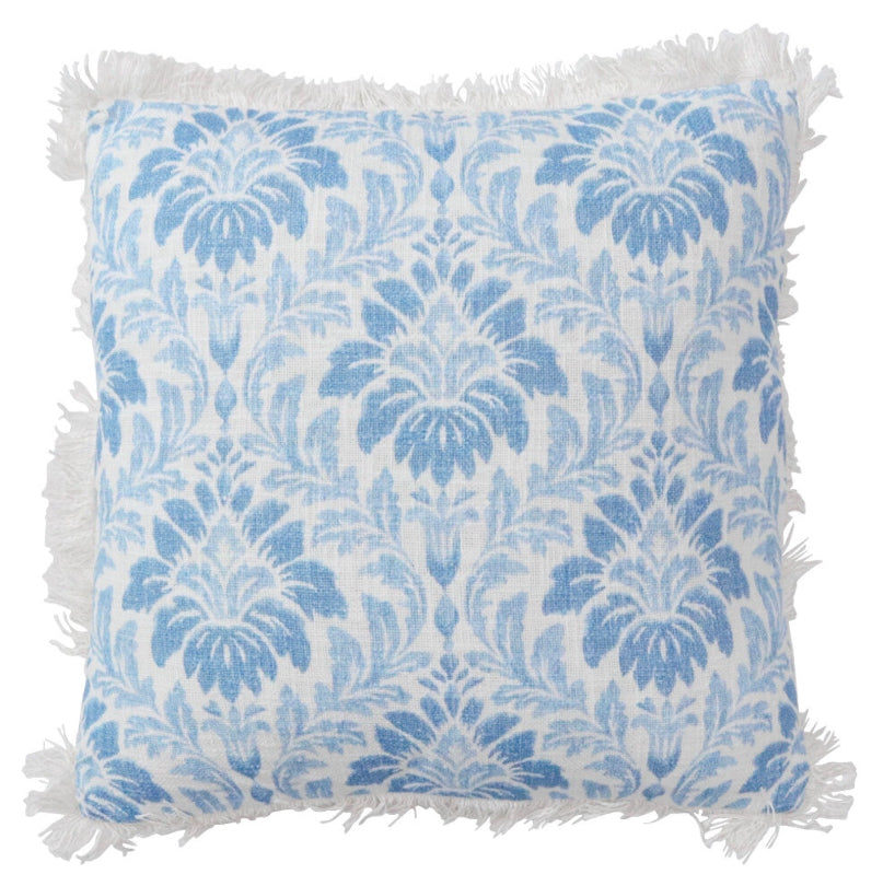 Blue and white damask cotton cushion with fringe trim Hamptons coastal decor 50x50cm