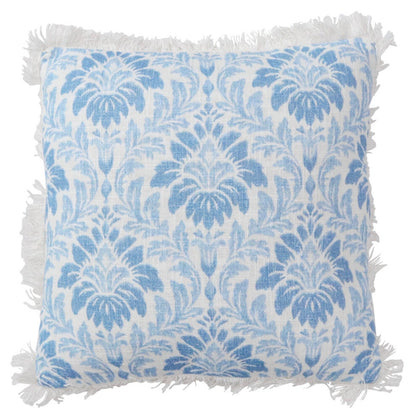 Blue and white damask cotton cushion with fringe trim Hamptons coastal decor 50x50cm