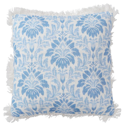 Blue and white damask cotton cushion with fringe trim Hamptons coastal decor 50x50cm