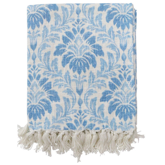 Blue and white damask cotton throw with tassels coastal Hamptons sofa blanket 125x150cm