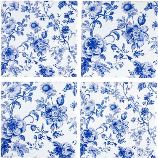 Blue and white floral ceramic coasters set of 4 Hamptons style table decor coastal entertaining
