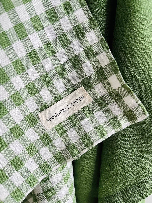 Green and white checkered linen tea towel