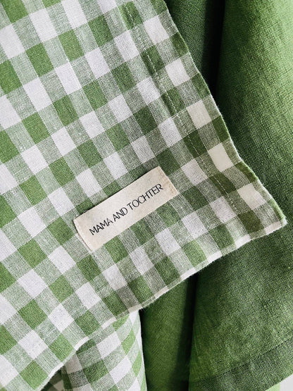 Green and white checkered linen tea towel