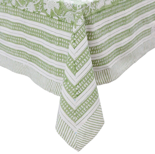Green block print cotton tablecloth with striped border design on white background