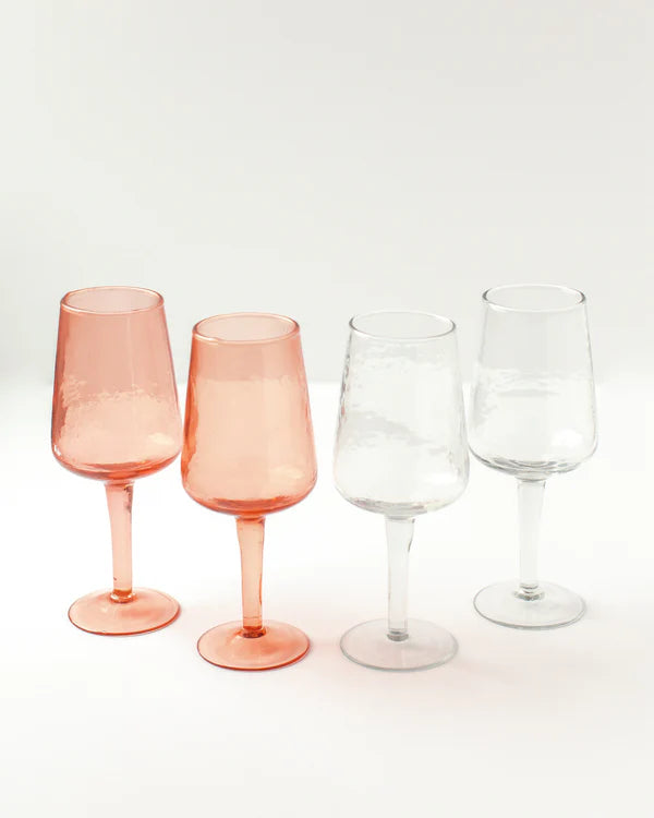 Handblown Hammered Wine Glass Pair - Pink