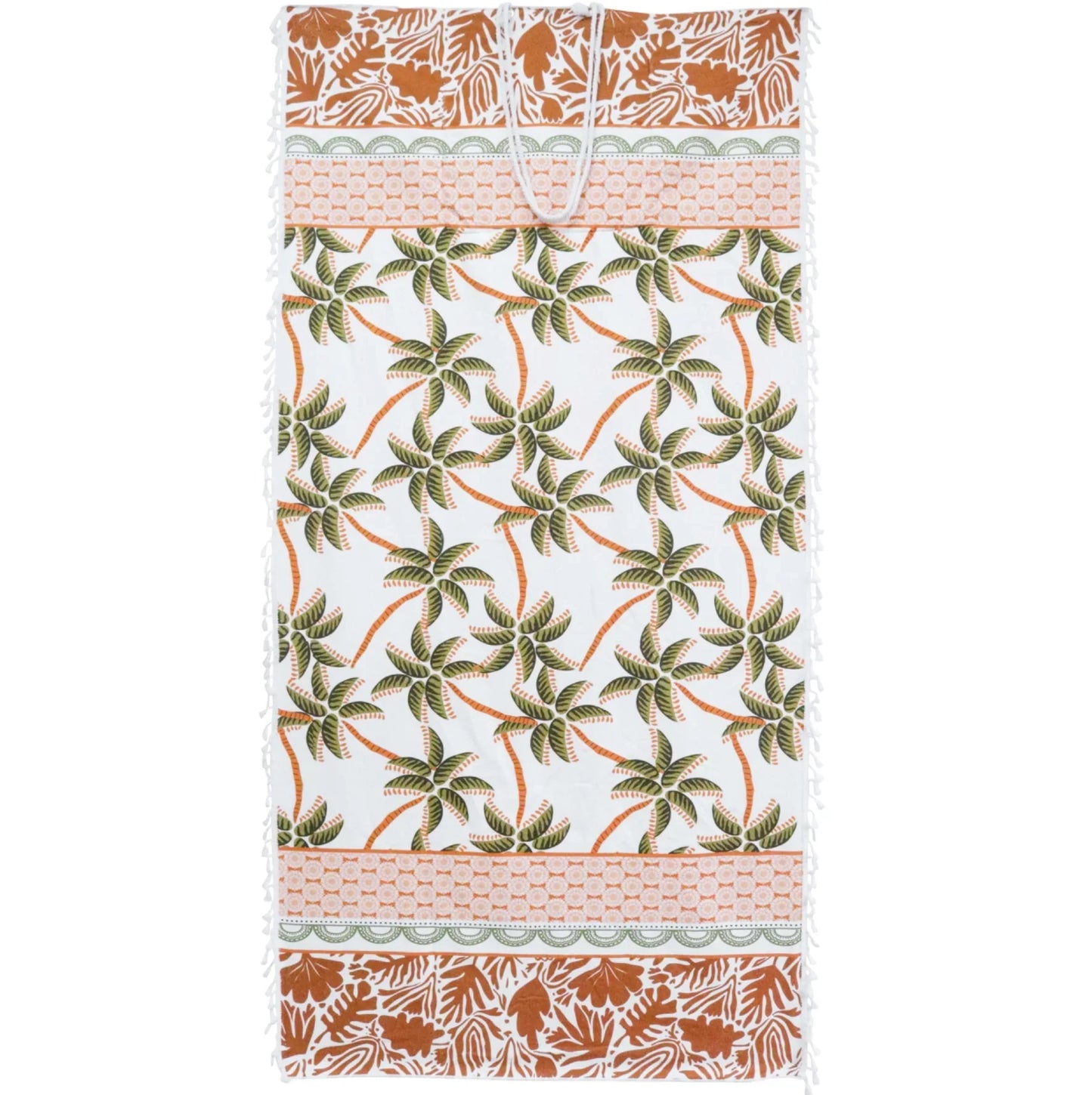 Large beach towel with palm tree pattern on a white background