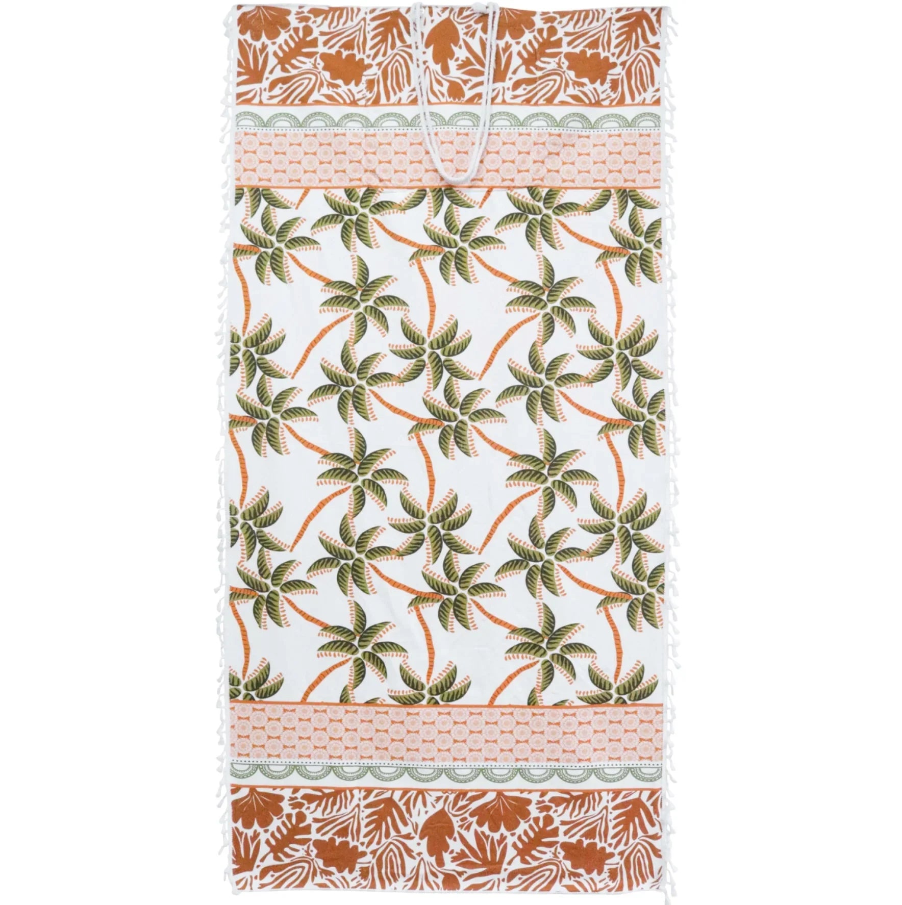 Large beach towel with palm tree pattern on a white background