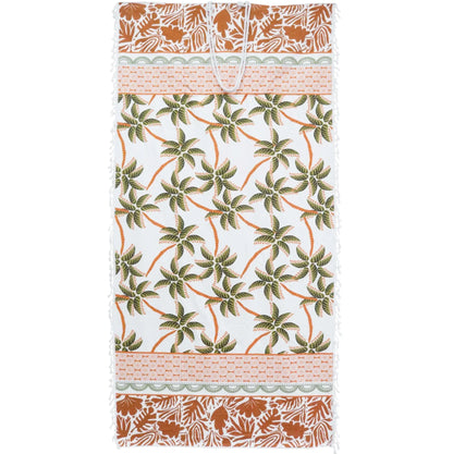 Large beach towel with palm tree pattern on a white background