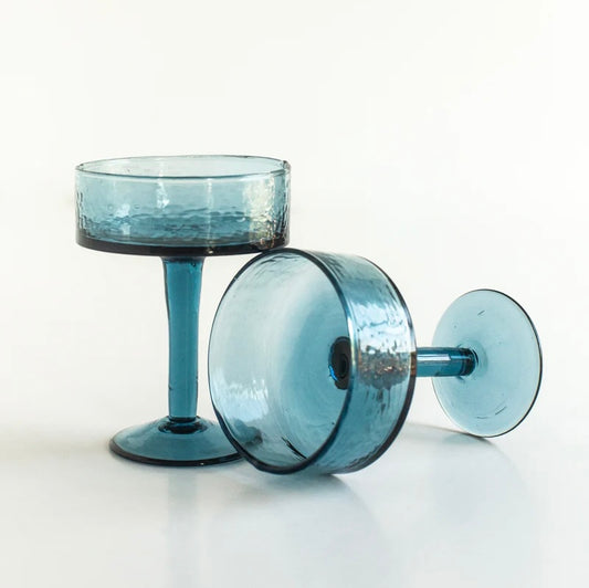 Handblown Hammered Cocktail Glass Pair - Blue