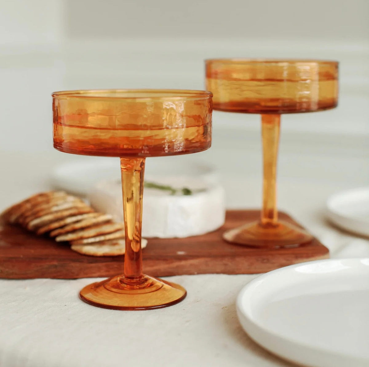 Handblown Hammered Cocktail Glass Pair - Amber