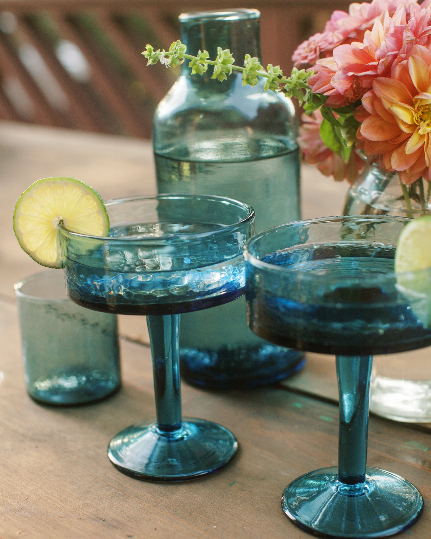 Handblown Hammered Cocktail Glass Pair - Blue