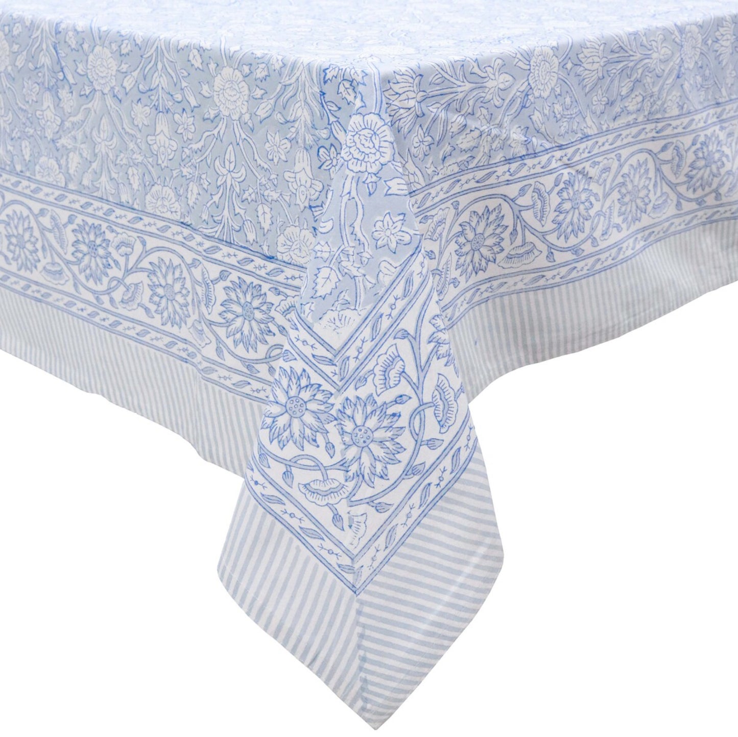 Blue floral block print cotton tablecloth with delicate hand printed pattern on white background