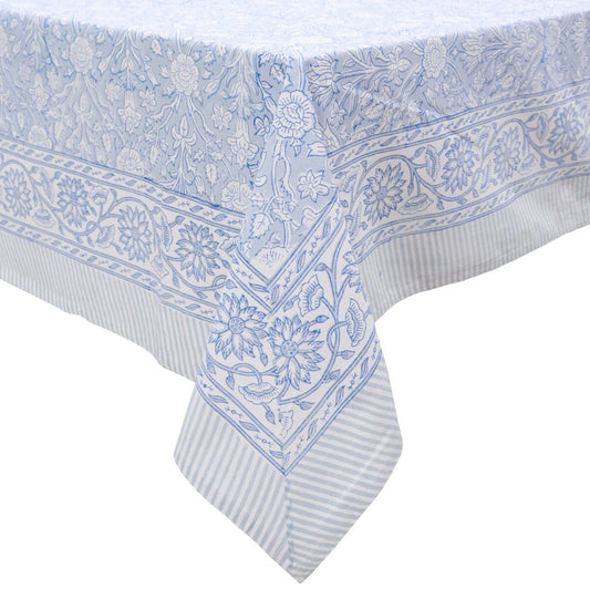 Blue floral block print cotton tablecloth with delicate hand printed pattern on white background