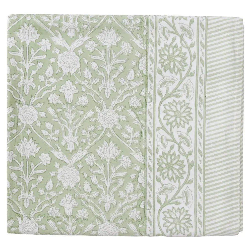 Block printed handmade green cotton floral pattern tablecloth