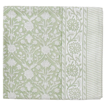 Block printed handmade green cotton floral pattern tablecloth