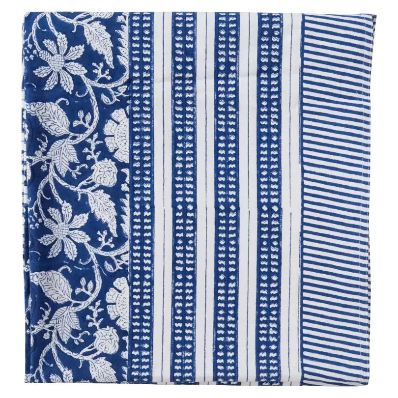 Blue block print cotton tablecloth with hand printed striped and floral border design