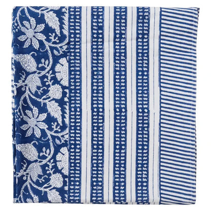 Blue block print cotton tablecloth with hand printed striped and floral border design