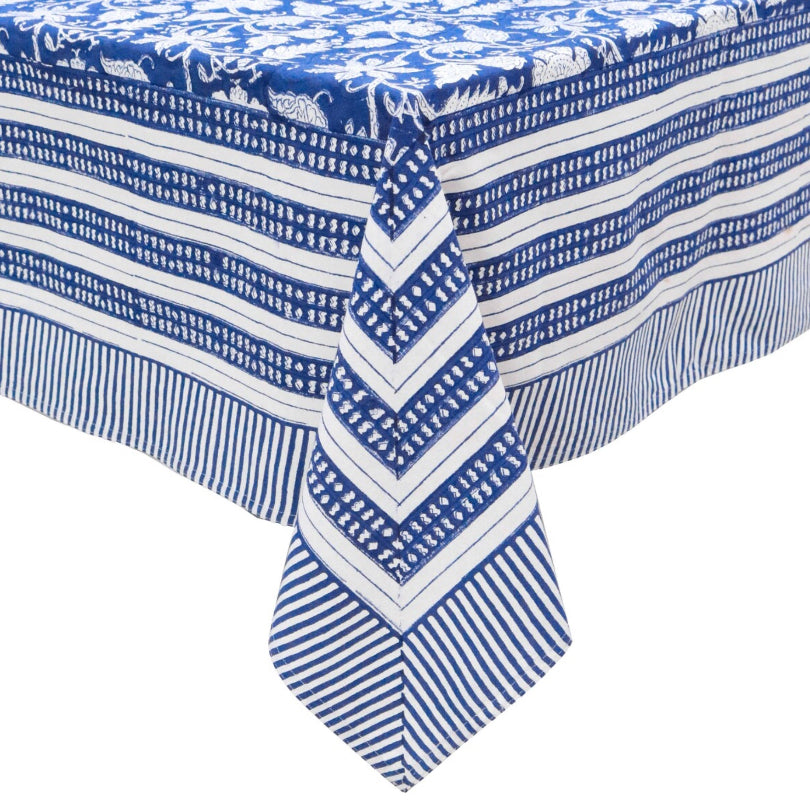 Blue block print cotton tablecloth with hand printed striped and floral border design