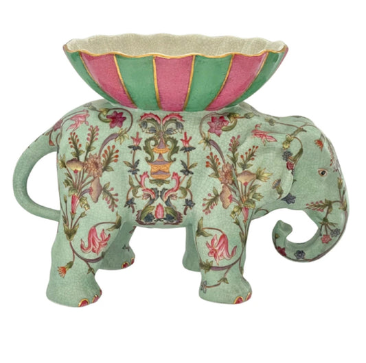 Decorative porcelain elephant trinket bowl green pink statement decor piece