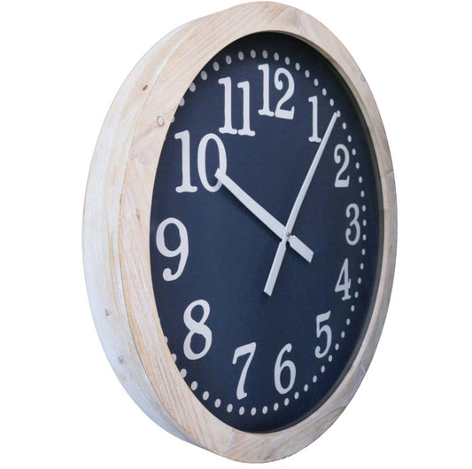 Wall clock with navy blue face and white wash wooden frame with white numbers and hands