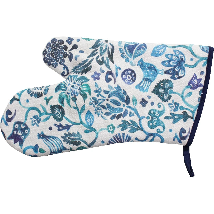 Oven mitt with blue aqua floral pattern.
