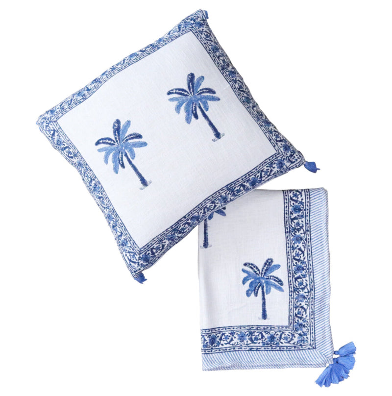 Handmade artisan block printed cotton cushion and matching throw rug. White with blue Palm motive and floral pattern. Hamptons style