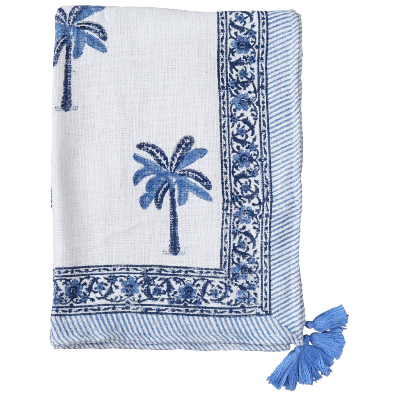 Handmade artisan blue and white throw blanket with blue Palm tree motive. Block printed