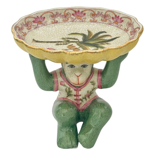 Porcelain monkey savon dish with botanical palm design and crackle glaze
