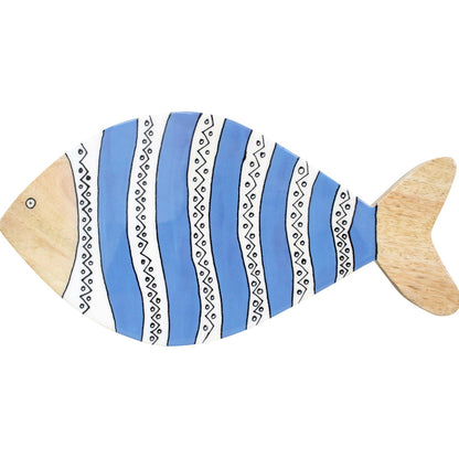 Blue striped handmade wall fish with ceramic detail and wooden head coastal boho wall decor 40cm