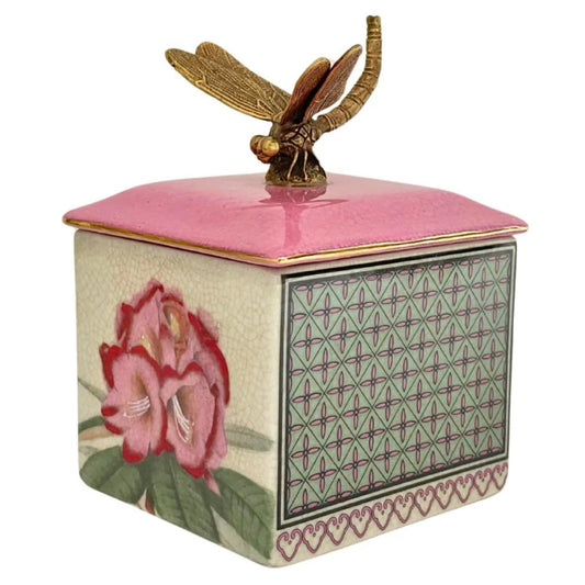 Porcelain gladiolus trinket box with bronze dragonfly lid