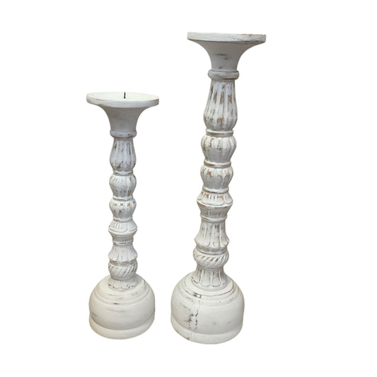 White Wooden Deco Candleholders Set of 2