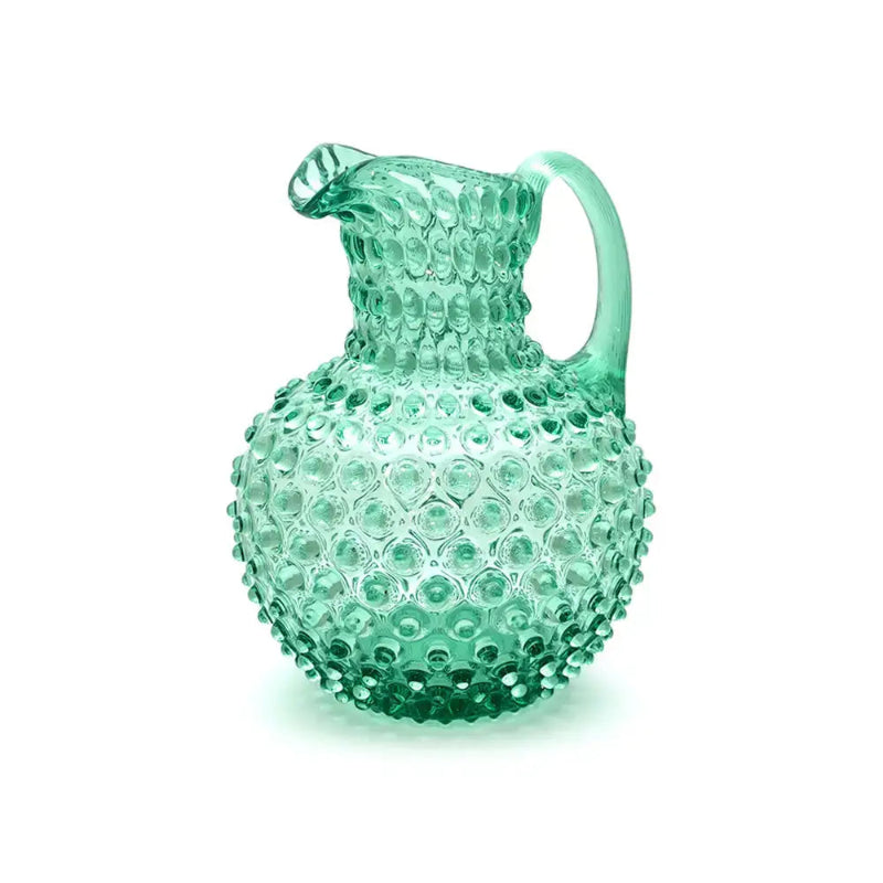 Maure Capri Sea handblown Bohemian crystal hobnail pitcher in teal green