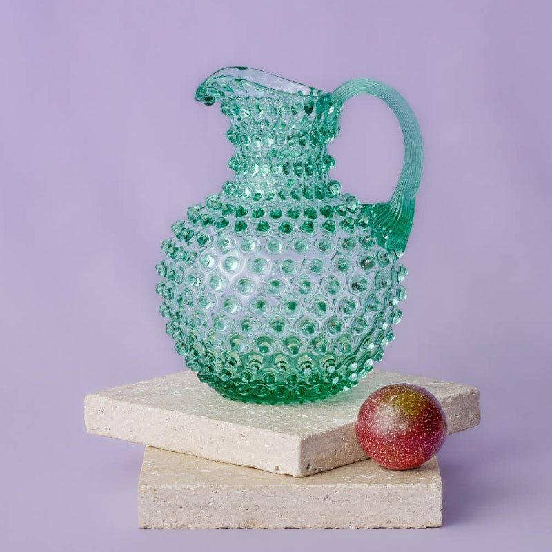 Maure handblown Bohemian crystal pitcher showing raised hobnail glass texture